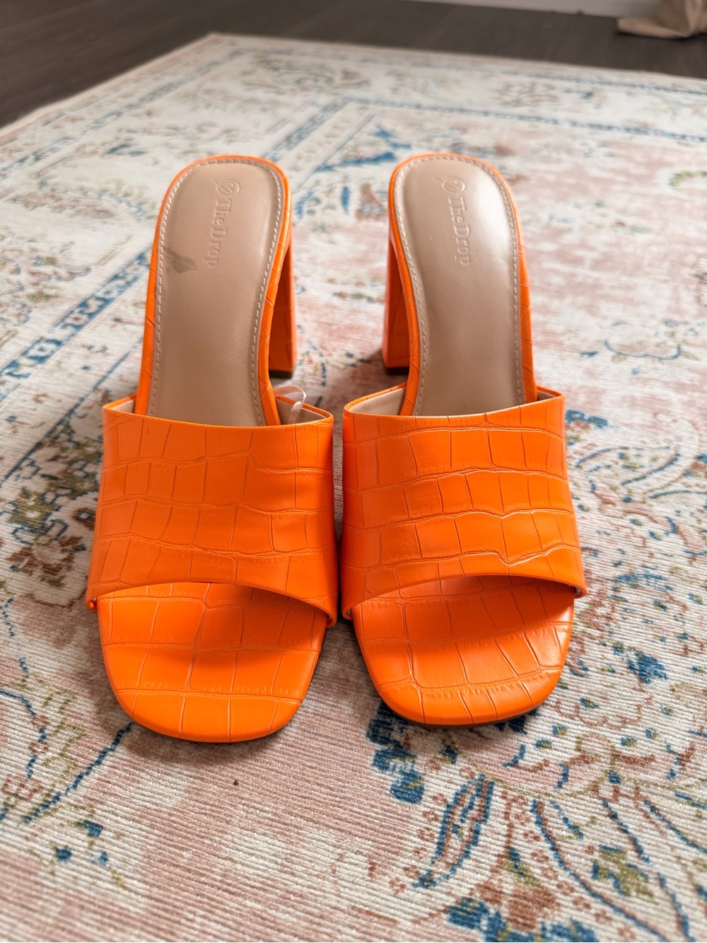 Croc-Embossed Orange Block Heel Mules